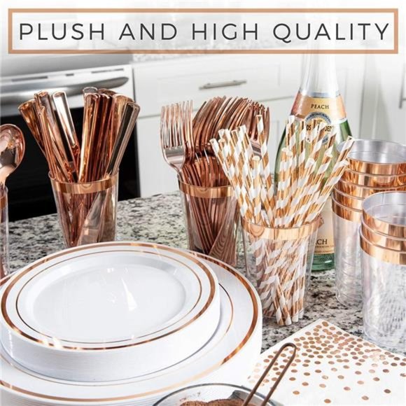 250Piece Disposable Rose Gold Plastic Dinnerware Set-50 Rose Gold Plastic Plates - Picture 6 of 6